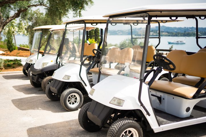 Golf carts parked near a lake.